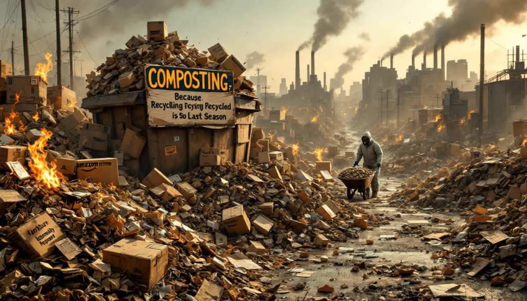 A person pushes a wheelbarrow amid piles of burning waste, with smoky factories in the background.