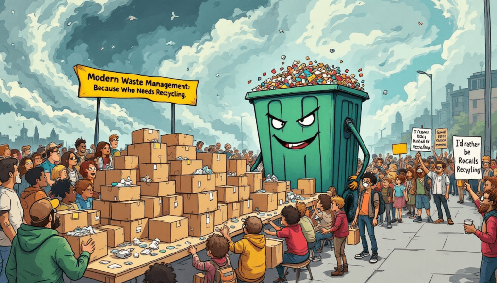 Illustration of a crowded waste management event with unhappy protesters and a smug dumpster.