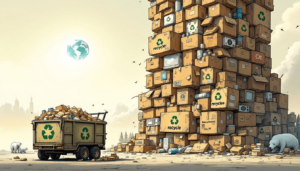 An illustration of a towering pile of cardboard boxes with recycling symbols, a garbage truck, and a polar bear.