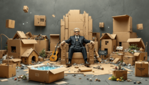 A person sits on a throne amid a chaotic scene of cardboard boxes and debris.