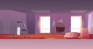 A vacant room with a ladder, a towel hanging on it, and two stacks of material on the floor, illuminated by sunlight through windows.