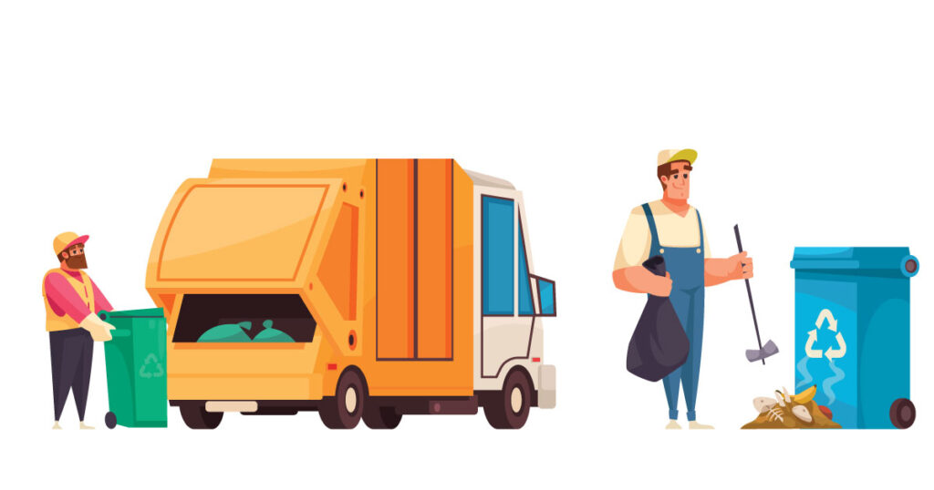 A garbage truck is parked next to a worker holding a trash bag and a litter picker, with a recycling bin nearby.