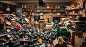 A cluttered room filled with piles of old electronics, boxes, and assorted items, showcasing a disorganized space in need of same-day rubbish removal.