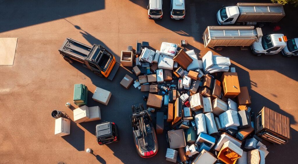 Aerial view of a chaotic pile of furniture and boxes, surrounded by delivery vehicles, in a sunlit parking lot.