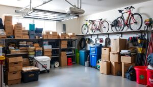 A well-organized garage filled with stacked boxes, shelves of tools, two bicycles hung on the wall, and assorted storage containers.