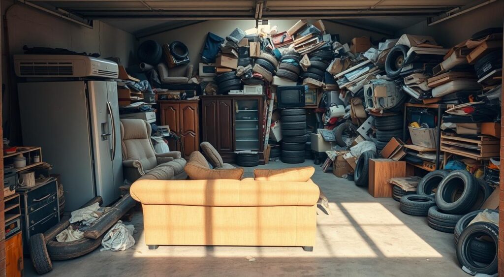 Cluttered garage filled with stacked tires, furniture, boxes, and appliances, with sunlight streaming in on a lone sofa.