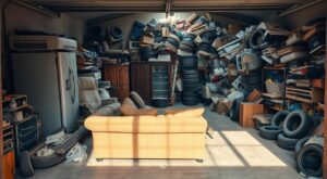 Cluttered garage filled with stacked tires, furniture, boxes, and appliances, with sunlight streaming in on a lone sofa.