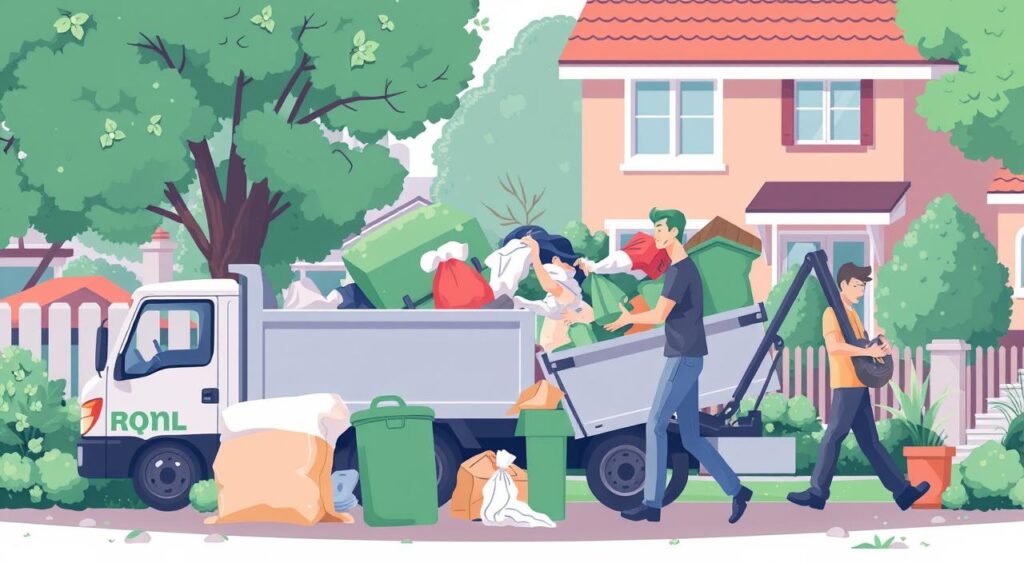 Two workers in casual attire are collecting trash and loading it into a garbage truck parked in a residential area.